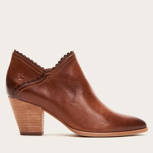 Frye Reed Scallop Cognac Leather Heeled Ankle Boot - Picture 3 of 16